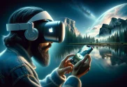 Person wearing Apple Vision Pro headset experiencing an immersive TikTok video, with a digital Yosemite National Park background, blending virtual and real worlds.