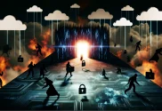 Abstract depiction of the digital realm under threat, with shadowy figures targeting a glowing digital fortress symbolizing cloud intrusions, identity theft, and AI-driven attacks, highlighting the resilience of cyber defenses.