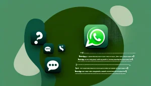 Abstract composition with stylized icons of WhatsApp's formatting tools: bullet points, numbered lists, quotation marks, and curly brackets, against a subtle green background symbolizing advanced messaging features.
