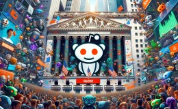 Bustling digital collage featuring Reddit's alien logo, the NYSE facade, and Reddit community avatars, with AI and coding elements in the background, symbolizing the excitement of Reddit's upcoming IPO and its embrace of AI.