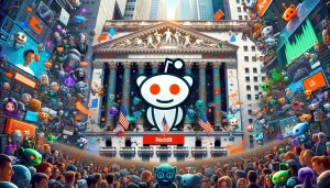 Bustling digital collage featuring Reddit's alien logo, the NYSE facade, and Reddit community avatars, with AI and coding elements in the background, symbolizing the excitement of Reddit's upcoming IPO and its embrace of AI.