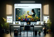 Modern digital workspace with dual monitors showing Google's Performance Max interface and an AI-generated ad of a person arranging flowers, symbolizing innovation in digital advertising.
