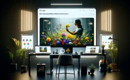 Modern digital workspace with dual monitors showing Google's Performance Max interface and an AI-generated ad of a person arranging flowers, symbolizing innovation in digital advertising.