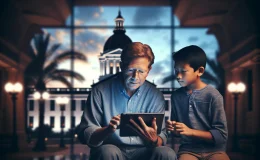 Concerned parent and child discussing social media on a digital tablet with the Florida state capitol building blurred in the background, symbolizing the discussion of online safety in the context of proposed legislation.