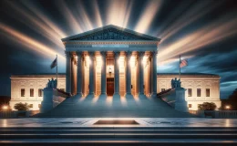 Supreme Court building captured at dawn or dusk, symbolizing a new era in internet regulation, with a focus on the grand facade and the American flag, highlighting the significance of decisions on digital rights.