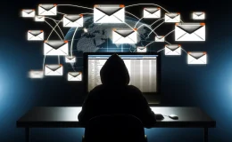 Shadowy figure in front of a computer with multiple email windows, dark background with digital lines connecting globally, symbolizing the impact of email fraud