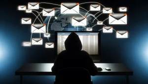 Shadowy figure in front of a computer with multiple email windows, dark background with digital lines connecting globally, symbolizing the impact of email fraud