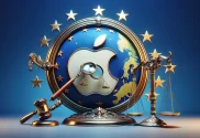 A stylized map of Europe serves as the backdrop, overlaid with the iconic Apple logo, which is intertwined with symbols of legal scales and a magnifying glass. This composition visually represents the intense scrutiny and legal challenges Apple faces within the European Union, highlighting the intersection of technology, law, and geography.