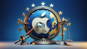 A stylized map of Europe serves as the backdrop, overlaid with the iconic Apple logo, which is intertwined with symbols of legal scales and a magnifying glass. This composition visually represents the intense scrutiny and legal challenges Apple faces within the European Union, highlighting the intersection of technology, law, and geography.
