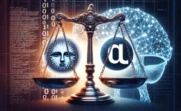 Digital artwork showing OpenAI and The New York Times logos on opposite sides of justice scales, with AI-themed background, symbolizing their copyright law dispute.