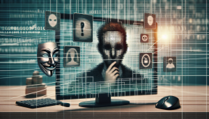 A conceptual image of deepfake technology being used on video calls. A shaded figure is on a computer screen,