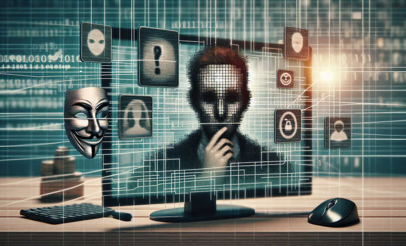 A conceptual image of deepfake technology being used on video calls. A shaded figure is on a computer screen,