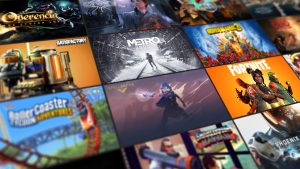 An image with screenshots of games available on the Epic Games store such as Metro and Fortnite.
