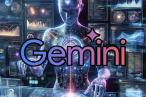 Gemini 1.5 Google's new AI model already has major update. Google Gemini logo in front of AI image of robot undertaking multiple tasks on a futuristic computer.