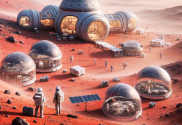 Life on Mars NASA calls for volunteers to take part in year-long simulation. AI illustration of astronauts on top of a red planet with dome space station.