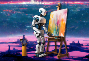 Microsoft Paint may get Midjourney-like AI art generation feature. AI robot painting with brush and easel in front of a Midjourney image