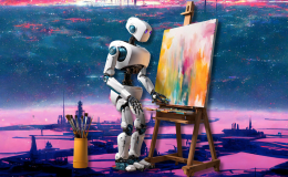 Microsoft Paint may get Midjourney-like AI art generation feature. AI robot painting with brush and easel in front of a Midjourney image