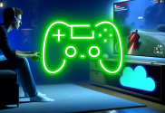 Microsoft confirms full Xbox catalog playable in cloud later this year. AI illustration of a gamer playing in the dark with a blue cloud under TV and a Xbox floating controller superimposed on top.