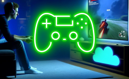 Microsoft confirms full Xbox catalog playable in cloud later this year. AI illustration of a gamer playing in the dark with a blue cloud under TV and a Xbox floating controller superimposed on top.