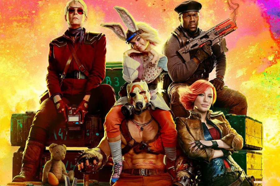 Mixed reactions as Borderlands movie first look images released. Film poster shows Jamie Lee Curtis wearing red glasses and red suit, Ariana Gleenblatt as Tiny Tina with rabbit ears, Kevin Hart has gun while wearing a beret, Florian Munteanu wears mask, and Cate Blanchett has red hair and brown jacket.