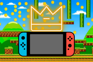 Nintendo is now Japan's richest company at $11bn. Mockup of Super Mario game with coins and platforms as background, with a crowned Nintendo Switch in the front