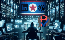 North Korean hackers use ChatGPT to scam Linkedin users. Hacker with hood surrounded by computers with red and black speech bubble that depicts LinkedIn connections and a verified blue tick, along with North Korean flag that has LinkedIn and ChatGPT logos.