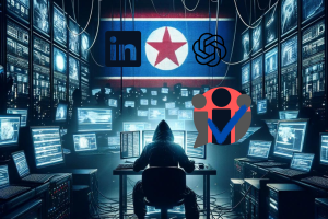 North Korean hackers use ChatGPT to scam Linkedin users. Hacker with hood surrounded by computers with red and black speech bubble that depicts LinkedIn connections and a verified blue tick, along with North Korean flag that has LinkedIn and ChatGPT logos.