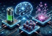 Orbital Materials uses AI to create climate-friendly materials. AI brain next to battery, amino acids, and carbon structure.