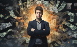 An AI-generated image of Sam Altman, the CEO of OpenAI with his arms folded and hundreds of currency notes flying behind him