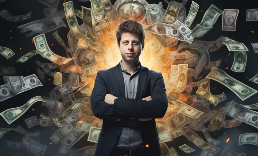 An AI-generated image of Sam Altman, the CEO of OpenAI with his arms folded and hundreds of currency notes flying behind him