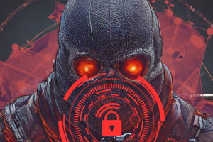 Stealthy hunter-killer malware rises by 333%, report reveals. Illustration of hooded hacker with red eyes behind security lock and red-tinter computer network in the background.