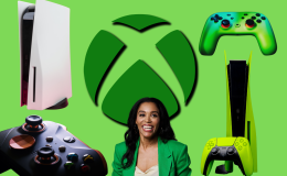 A collage image featuring a lime green background with a white Xbox in the top left corner, a black Xbox controller in the bottom right, Sarah Bond the Xbox President at bottom centre of the image, a neon green Xbox controller and console in the bottom right and a new xbox controller in the top right. A large Xbox logo 'X' is in the centre.