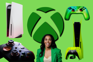 A collage image featuring a lime green background with a white Xbox in the top left corner, a black Xbox controller in the bottom right, Sarah Bond the Xbox President at bottom centre of the image, a neon green Xbox controller and console in the bottom right and a new xbox controller in the top right. A large Xbox logo 'X' is in the centre.