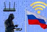 A collage image with a silhouetted man in a black hooded top holding a laptop, a Russian flag with the colours white, blue and red, a yellow wifi signal logo and a black internet router. The background is lilac with binary code numbers over it.