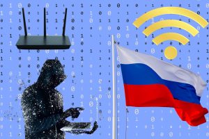 A collage image with a silhouetted man in a black hooded top holding a laptop, a Russian flag with the colours white, blue and red, a yellow wifi signal logo and a black internet router. The background is lilac with binary code numbers over it.