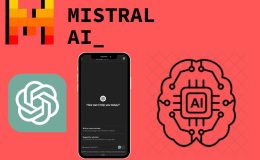A collage image featuring the Mistral AI logo, the OpenAI logo, a mobile phone with the ChatGPT app open and a brain with wires and 'AI' in the middle.