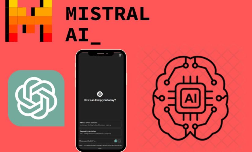 A collage image featuring the Mistral AI logo, the OpenAI logo, a mobile phone with the ChatGPT app open and a brain with wires and 'AI' in the middle.