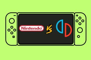 An outline of a Nintendo switch with a screen depicting the Nintendo logo and the Yuzu emulator logo with a "vs" between them. The background of the image is pastel green.