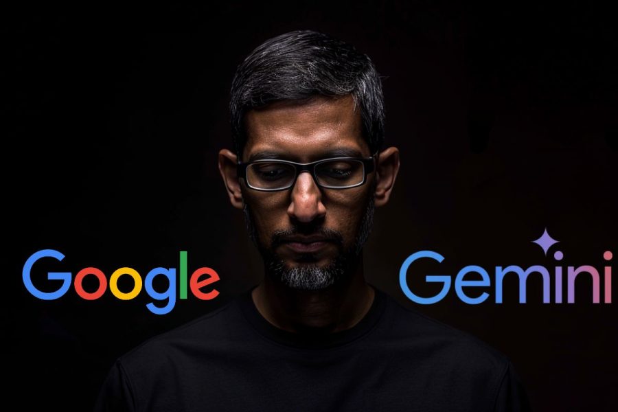 Generated image of Sundar Pichai CEO of Google looking serious on a black background with the "google" logo above his right shoulder and the "gemini" logo above his left shoulder.