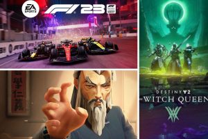 A collage image with promotional images for three games. In the top left three formula 1 cares race on a track to represent F1 23, on the right of the image three mystical warriors stand in green mist in Destiny 2: Witch Queen and in the bottom left a cartoonish old man with a long grey beard stands in fighting pose in the game Sifu