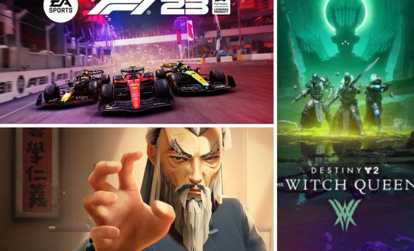A collage image with promotional images for three games. In the top left three formula 1 cares race on a track to represent F1 23, on the right of the image three mystical warriors stand in green mist in Destiny 2: Witch Queen and in the bottom left a cartoonish old man with a long grey beard stands in fighting pose in the game Sifu
