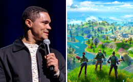 An image with Trevor Noah on the left hand side and a Fortnite map on the right