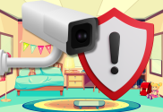 Wyze camera outage allowed some users to spy inside others' homes. Security camera on top of exclamation point sign and illustration of inside a bedroom.