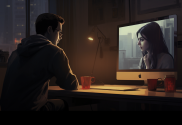 An AI generated image of a man alone in a dimly lit appartment room interacting with an AI woman on a computer screen