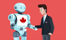 A graphic of a robot with a Canada flag on it shaking hands with a man wearing a suit on a light read background.