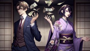 An AI generated image of two anime characters throwing money away.