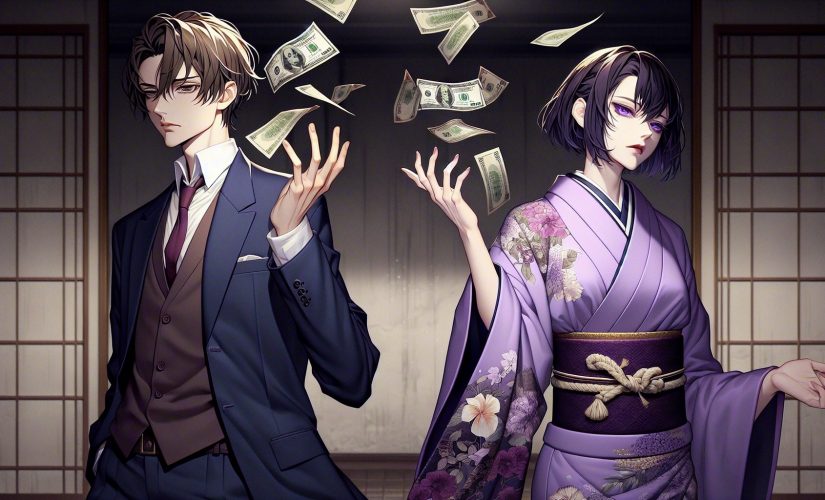 An AI generated image of two anime characters throwing money away.