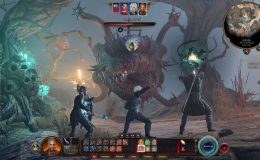 A Baldur's Gate 3 screenshot showing the party battling a monster with a giant eye.