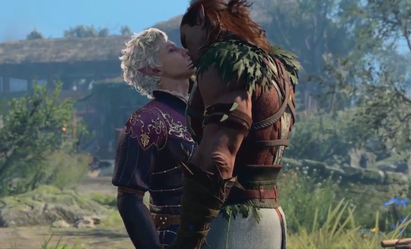 An image showing two characters kissing in Baldur's Gate 3