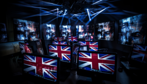 black background, computer screens with distorted faces, UK flags on some screens.